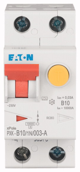 Eaton RCBO, 10A Current Rating, 1P+N Poles, 30mA Trip Sensitivity, Type B, PXK Range