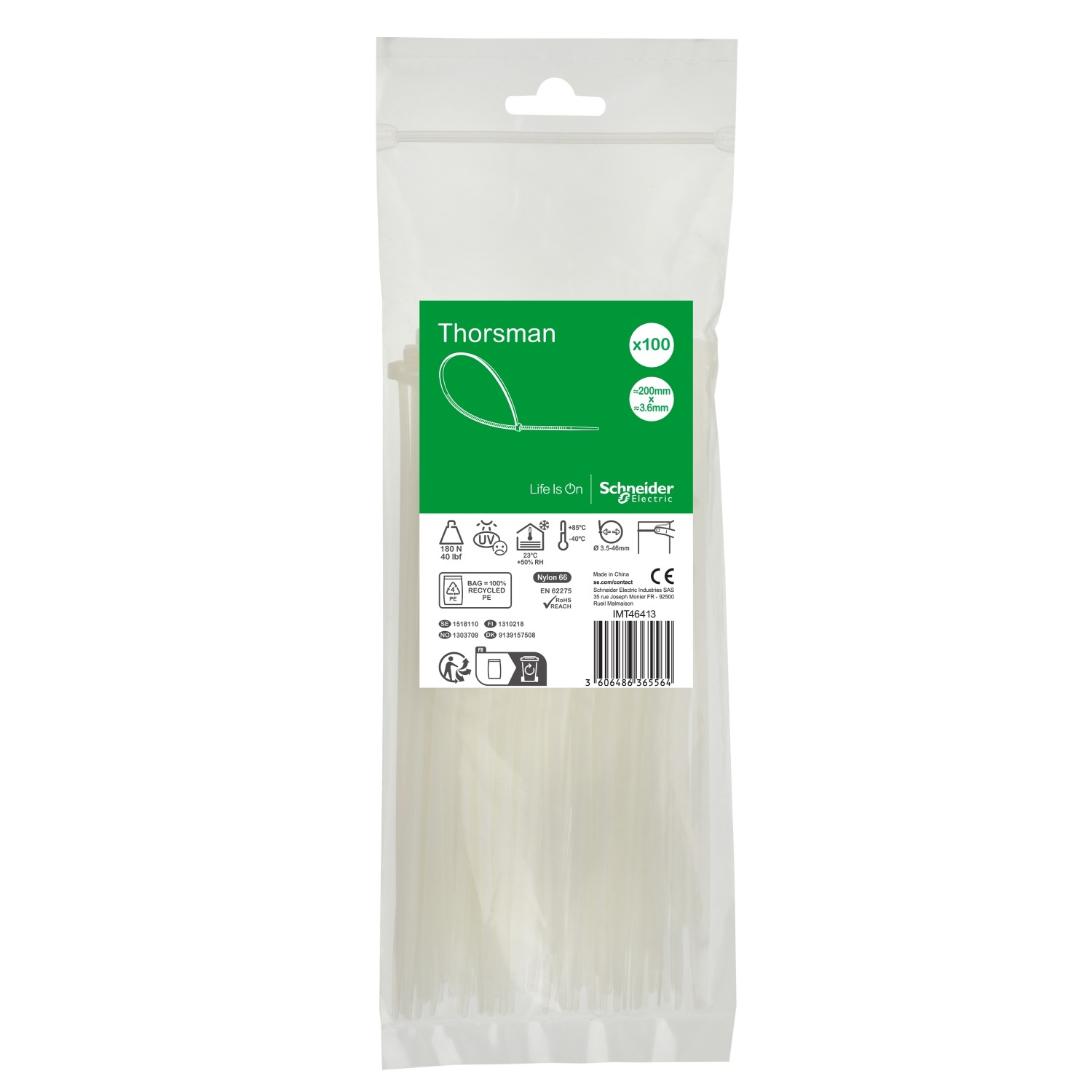 Schneider Electric Cable Tie, , 200mm x 3.6 mm, Clear Nylon, Pk-1