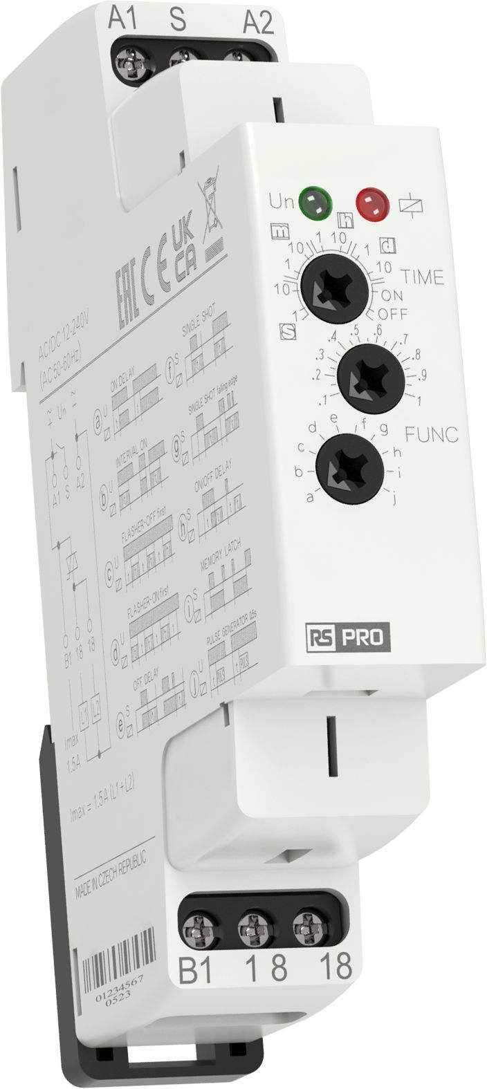 RS PRO DIN Rail Mount Timer Relay, 12 → 240V ac/dc, 1-Contact, 0.1 s → 10days, 10-Function, Static