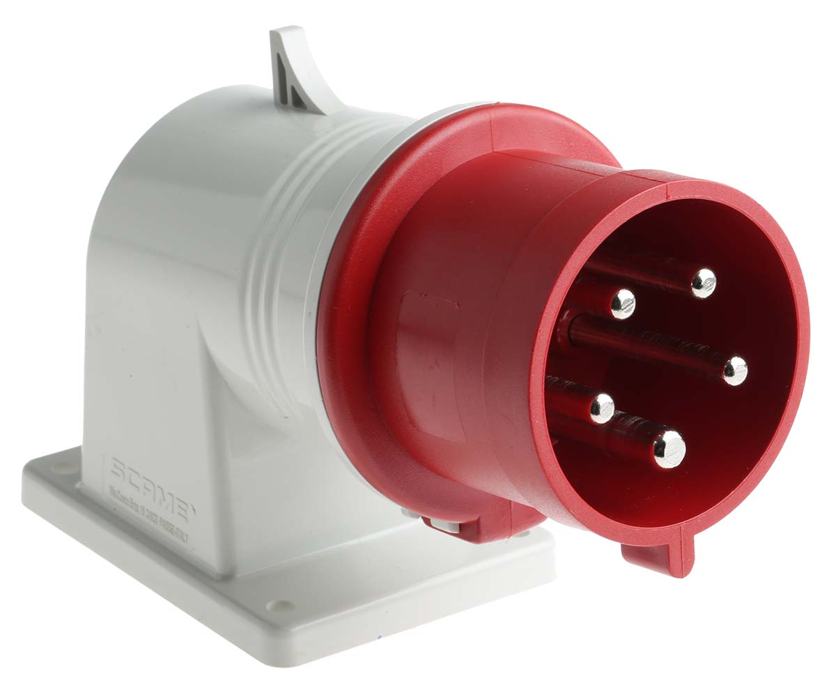 Scame IP44 Red Wall Mount 3P + N + E Right Angle Industrial Power Plug, Rated At 32A, 415 V