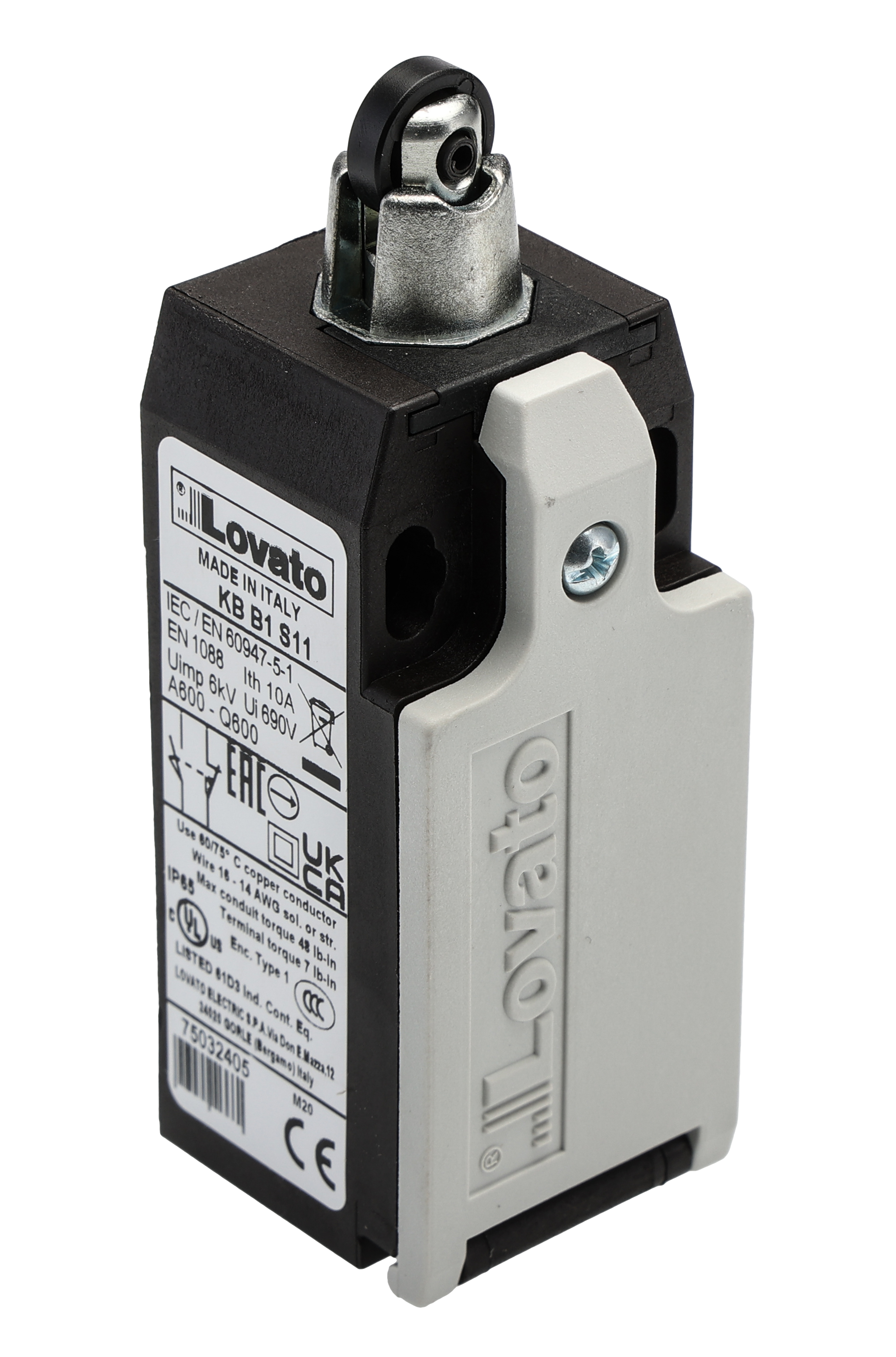 Lovato Roller Plunger Limit Switch, NO/NC, IP20, IP65, SPST-NC, SPST-NO, Thermoplastic Housing, 690V ac Max, 10A Max