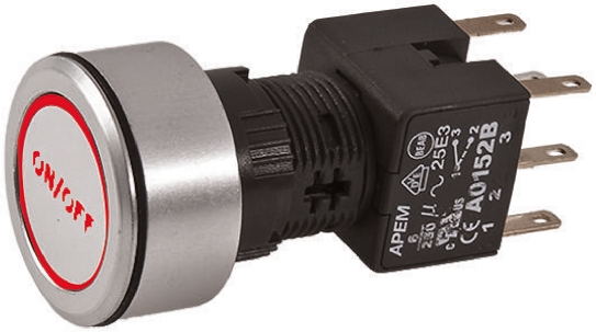 APEM Illuminated Push Button Switch, Latching, Panel Mount, 16mm Cutout, DPDT, Red LED, 250V ac, IP65
