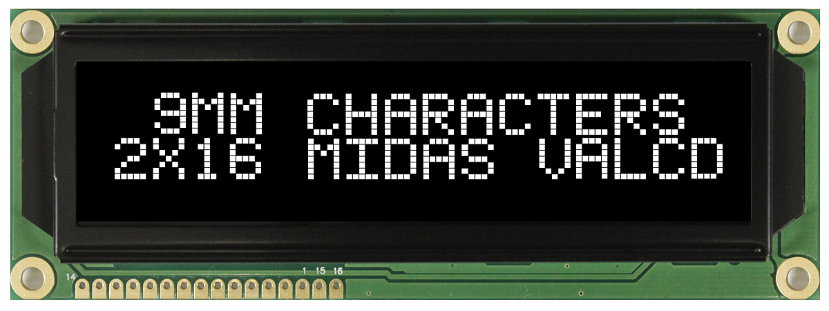 Midas MC21609A12W-VNMLW MC21609 Alphanumeric LCD Display Black, 2 Rows by 16 Characters, Transmissive