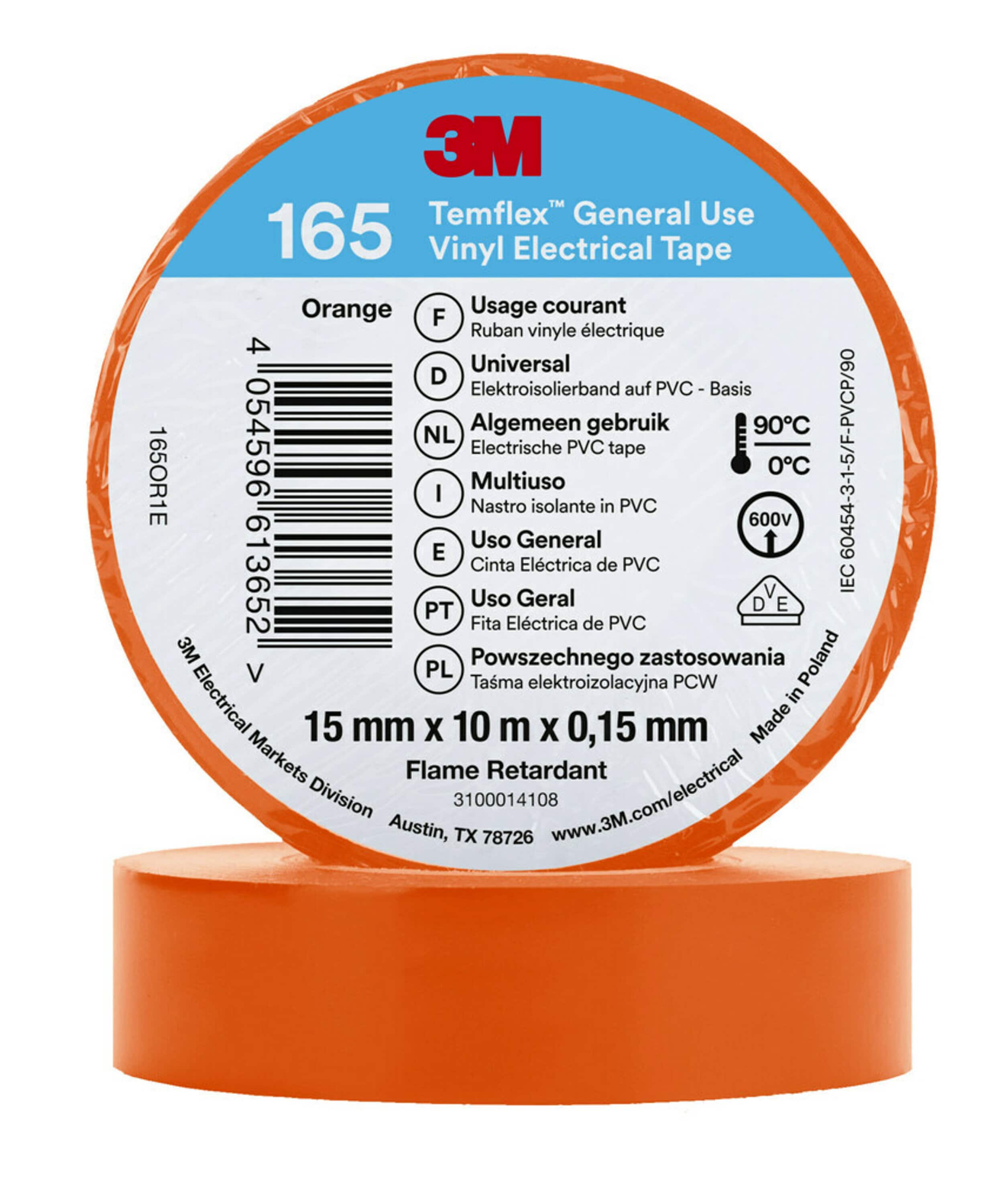 3M Temflex 165 Orange Vinyl Electrical Tape, 15mm x 10m
