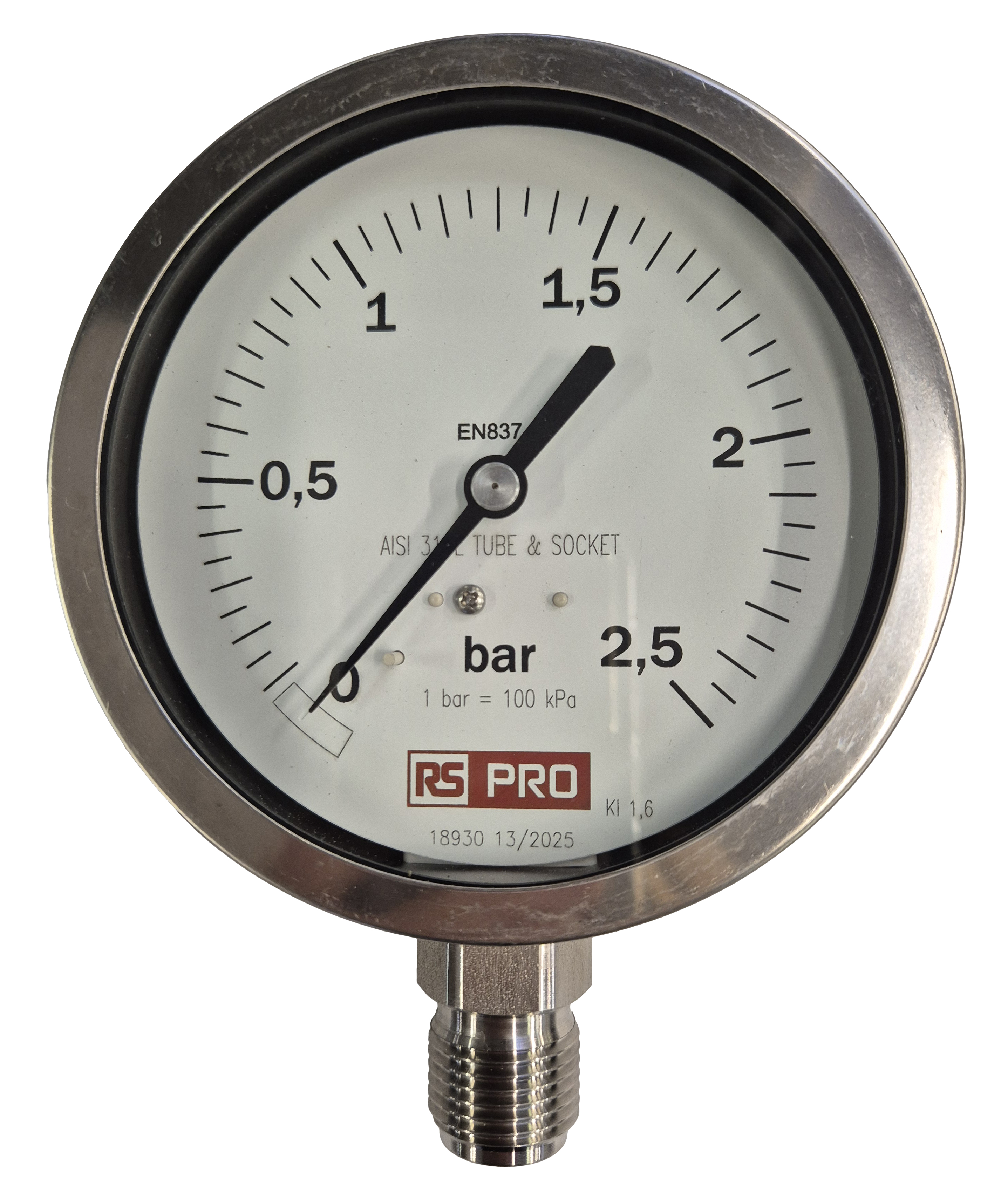 RS PRO BSP 1/2in Analogue Pressure Gauge 2.5bar Bottom Entry 100mm Outside Diameter