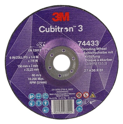 3M 74433 Ceramic Grinding Disc, 150mm x 7mm Thick, 36+ Grade, 10 in pack