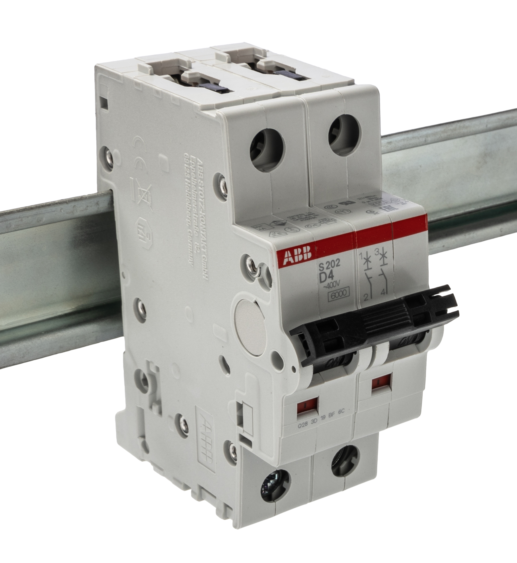 ABB System Pro M Compact S200 MCB, 2P, 4A Curve D, 400V AC, 125V DC, 10 kA Breaking Capacity