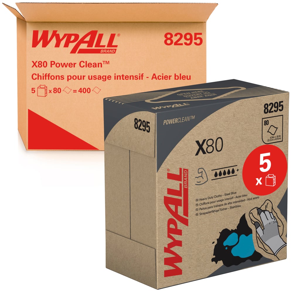 WYPALL WypAll® X80 Power Clean™ 8295 Blue Cloths for General Cleaning, Dry Use, Box of 80, 426 x 212mm, Repeat Use