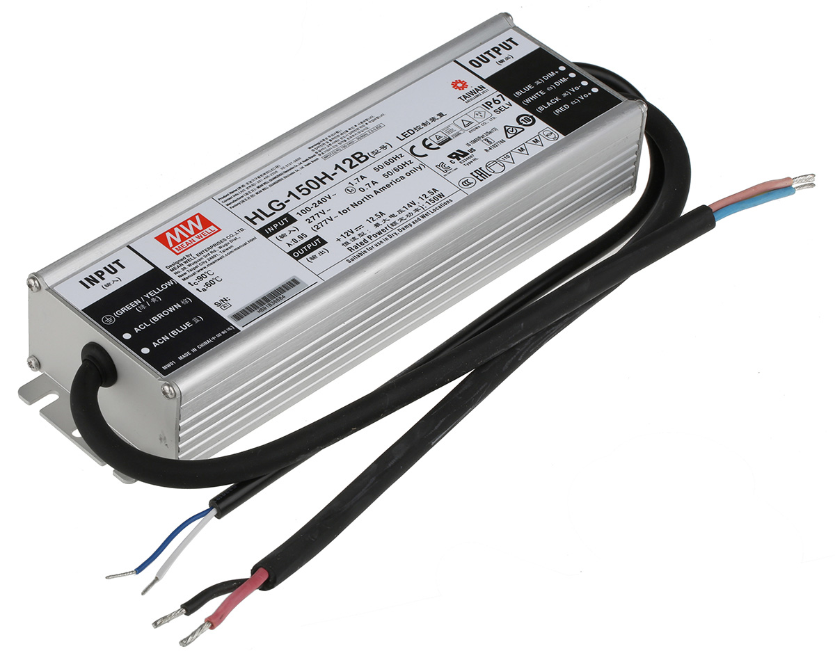 MEAN WELL LED Driver, 12V Output, 150W Output, 12.5A Output, Constant Voltage Dimmable