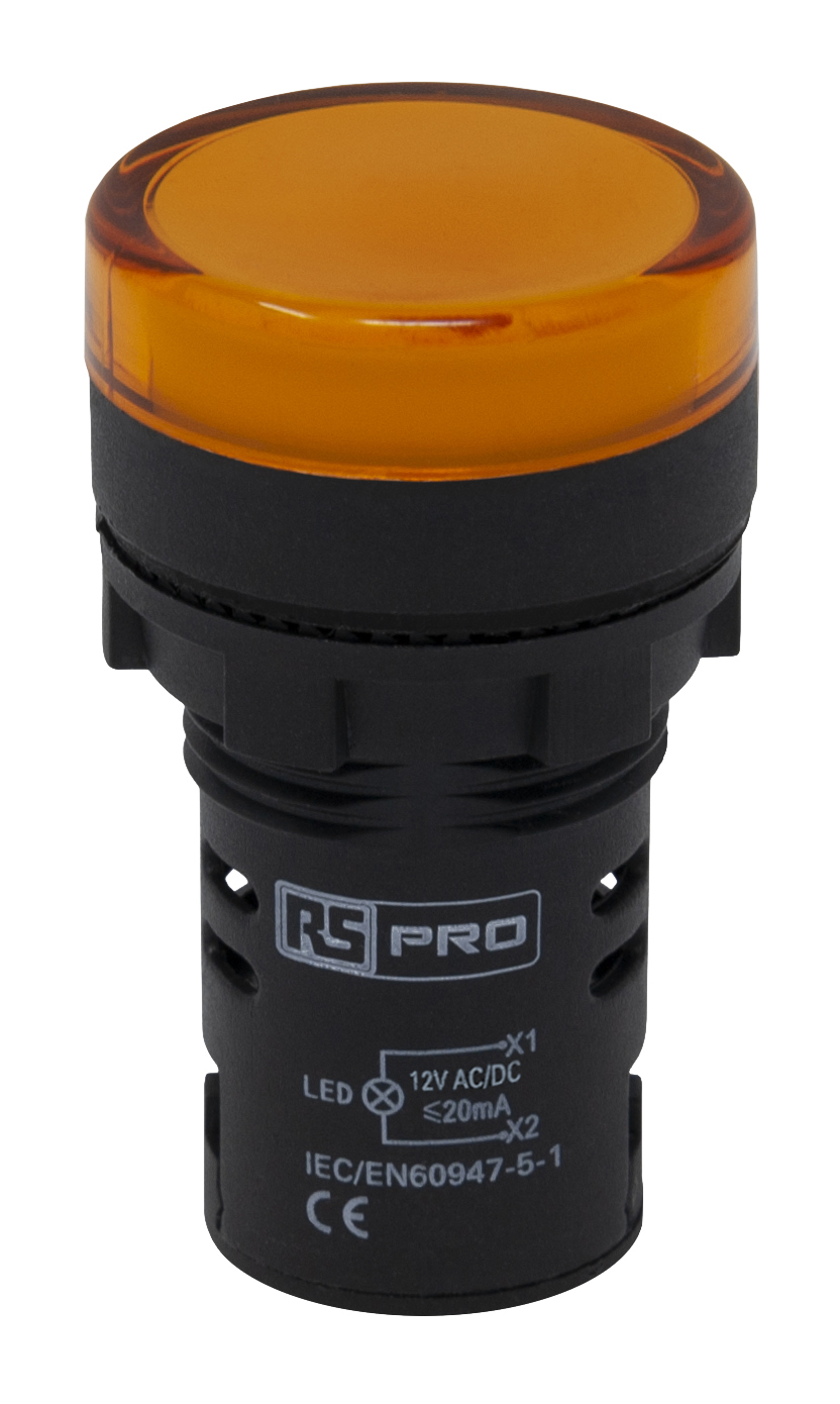 RS PRO, Panel Mount Yellow LED Pilot Light, 22mm Cutout, IP65, Round, 12V ac/dc