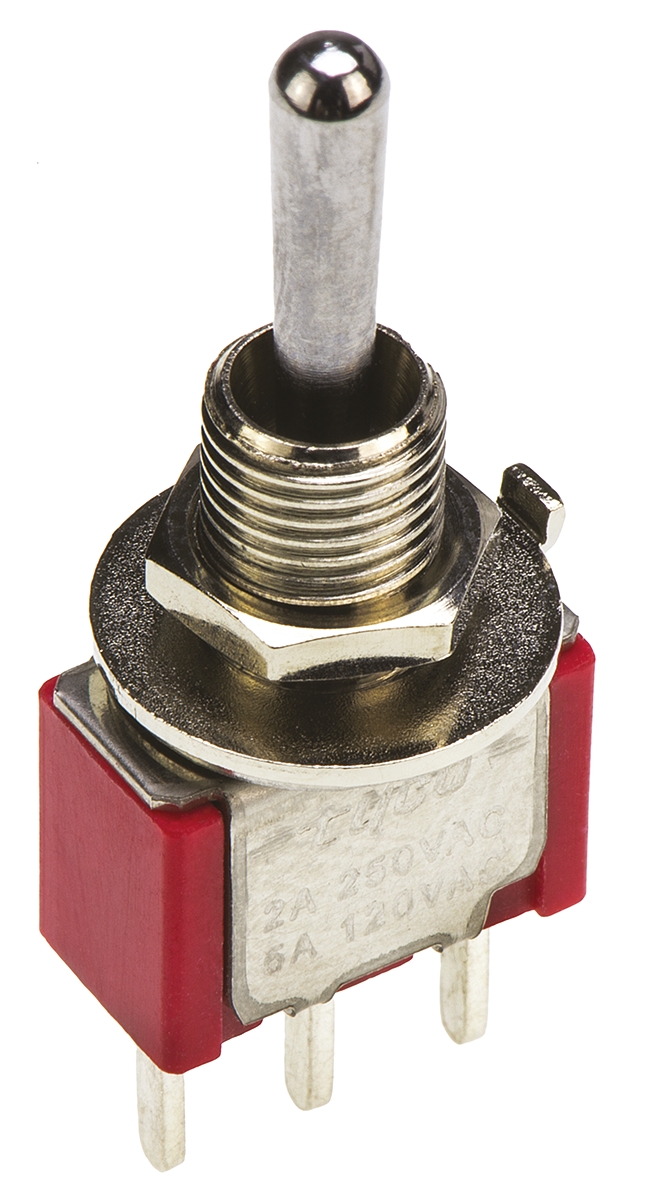 TE Connectivity Toggle Switch, PCB Mount, On-Off-(On), SPDT, Through Hole Terminal, 120 V ac, 28V dc