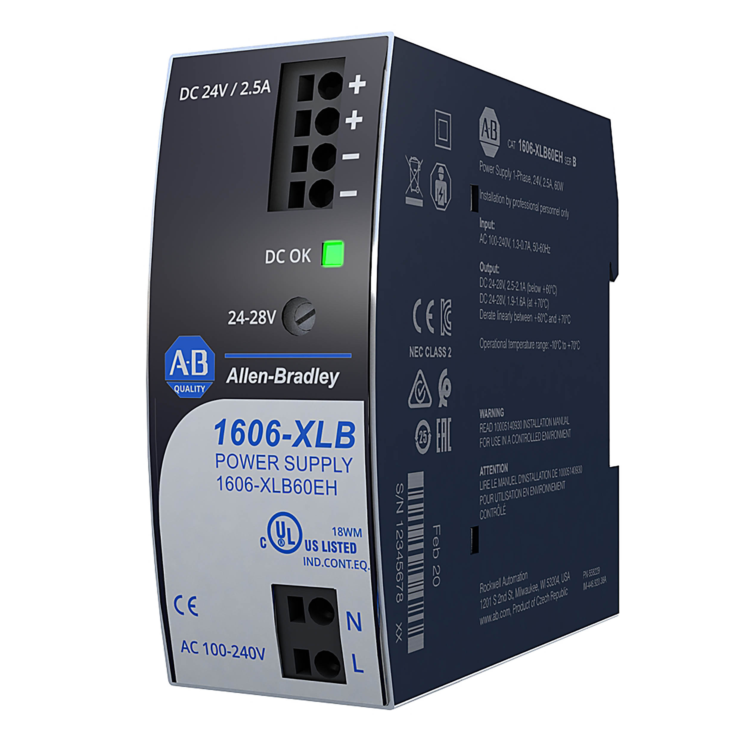 Allen Bradley 1606 Switched Mode DIN Rail Power Supply, 240V ac ac Input, 24V dc dc Output, 2.5A Output