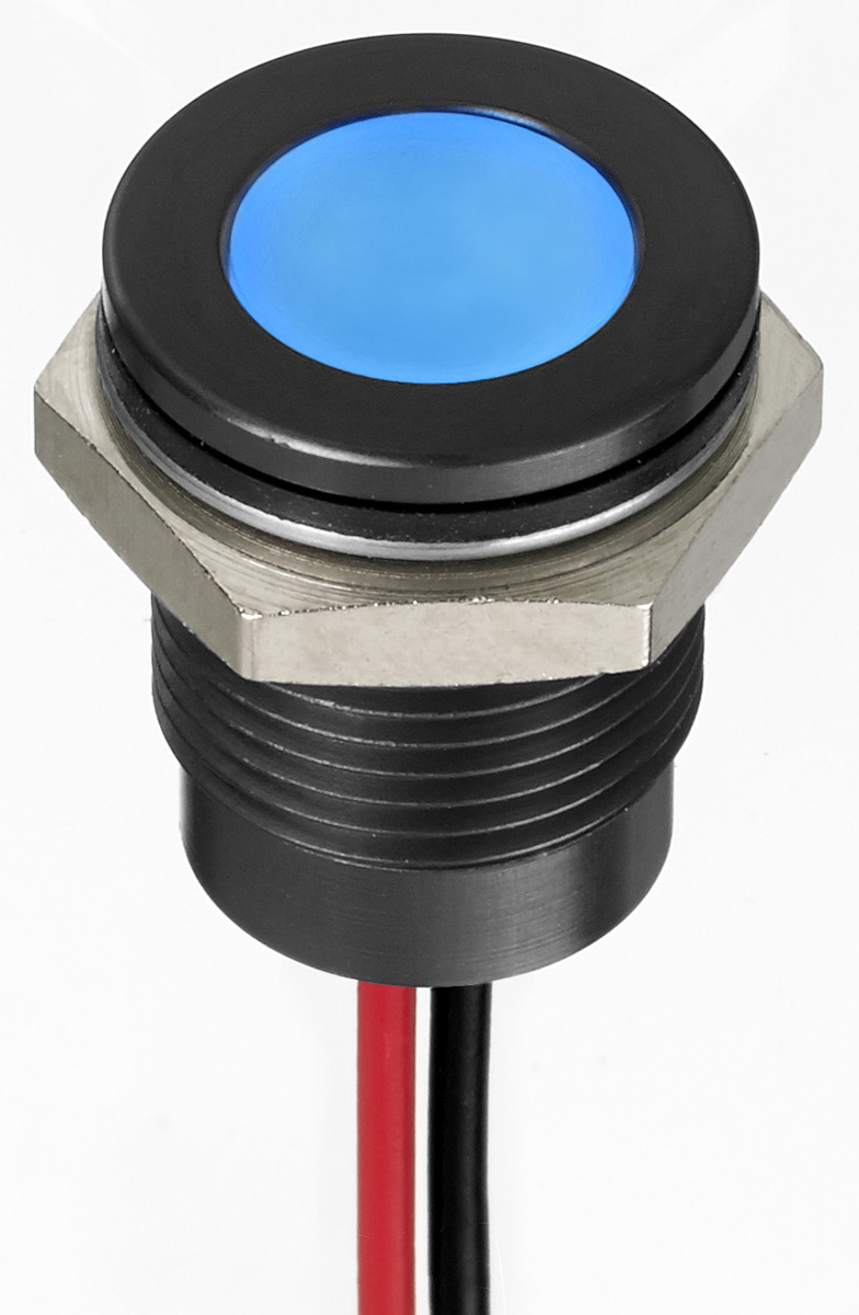 RS PRO Blue Panel Mount Indicator, 12V dc, 14mm Mounting Hole Size, Lead Wires Termination, IP67
