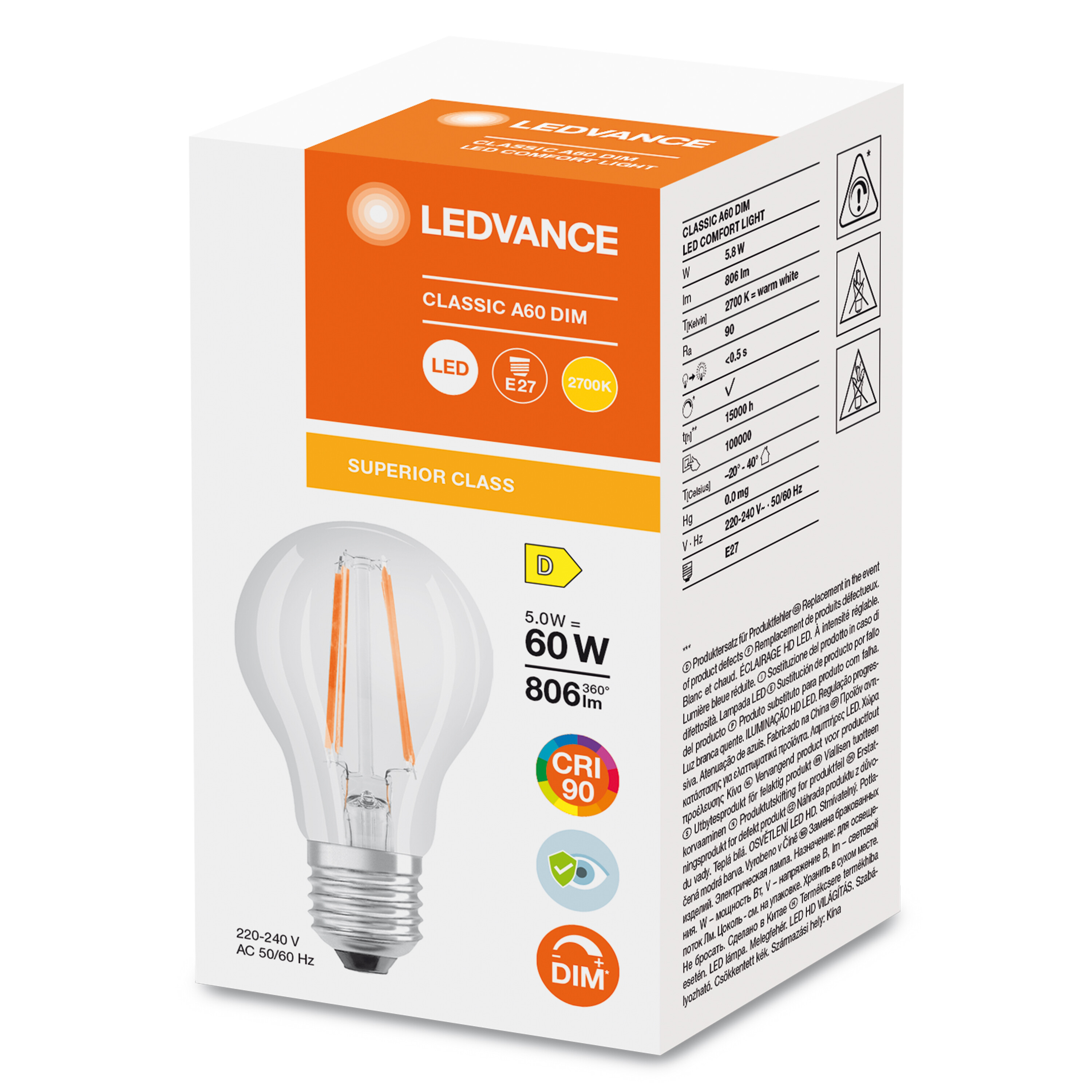 LEDVANCE LED Superstar Plus Classic E27 LED Bulbs 5.8 W(60W), 2700K, Warm White, Bulb shape