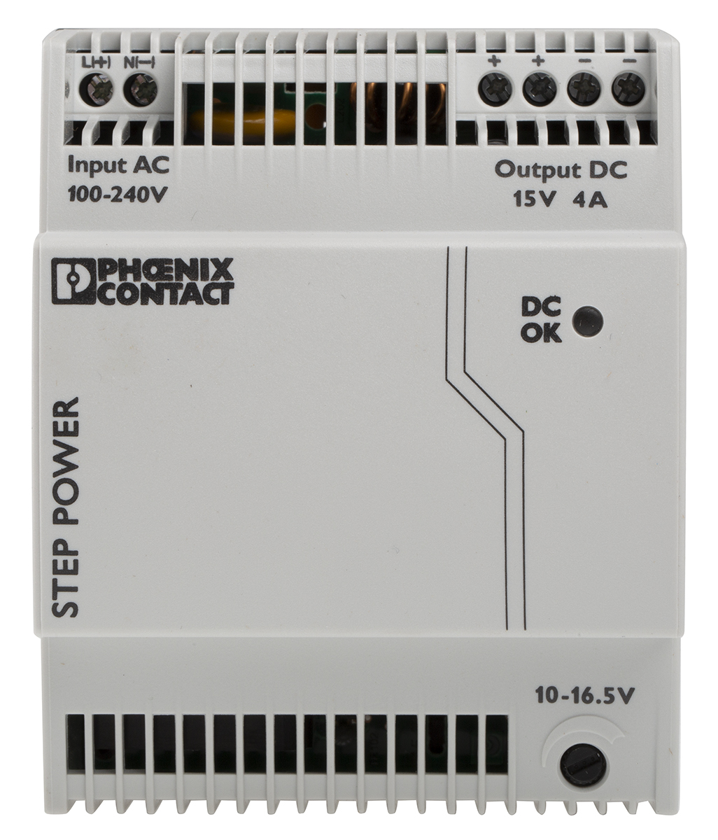 Phoenix Contact STEP POWER Switched Mode DIN Rail Power Supply, 85 → 264V ac ac Input, 15V dc dc Output, 4A