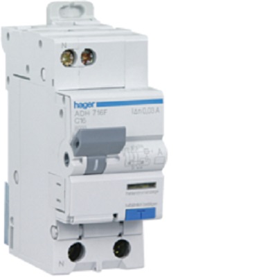 Hager RCBO, 16A Current Rating, 1P Poles, 30mA Trip Sensitivity, Type A-HI