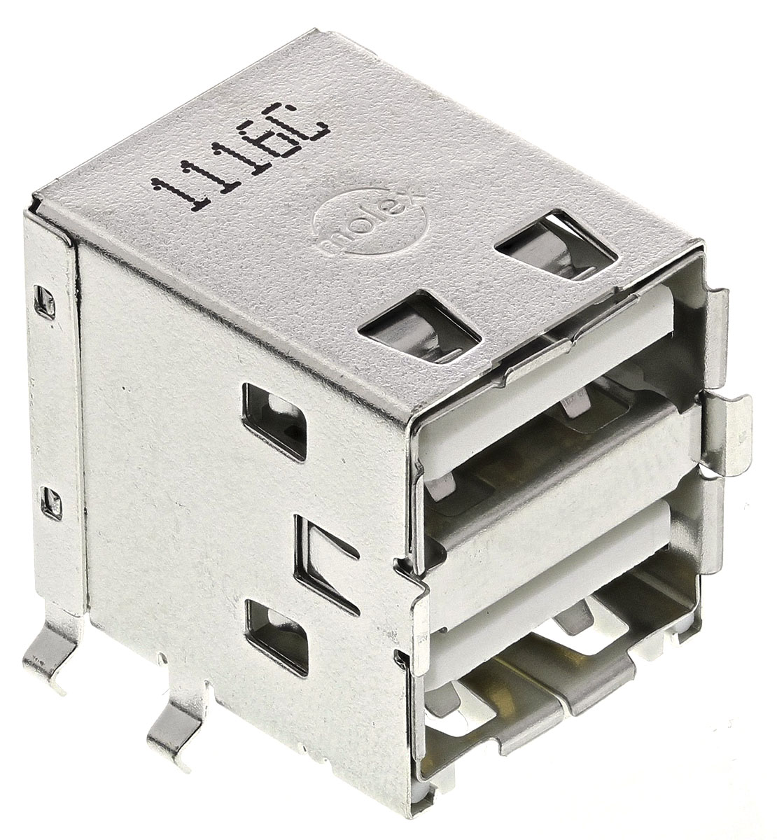 Molex Right Angle, Through Hole, Socket- Dual Port Type A 2.0 USB Connector
