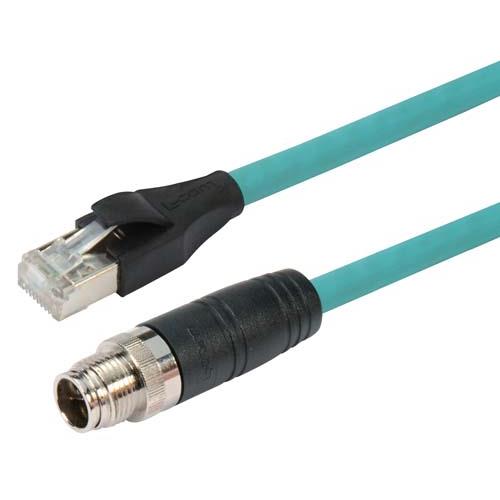 L-ComTRG, 1m Cat6a, Green M12 to Male RJ45 Male, Copper Braid Shielded, Terminated PVC Sheath