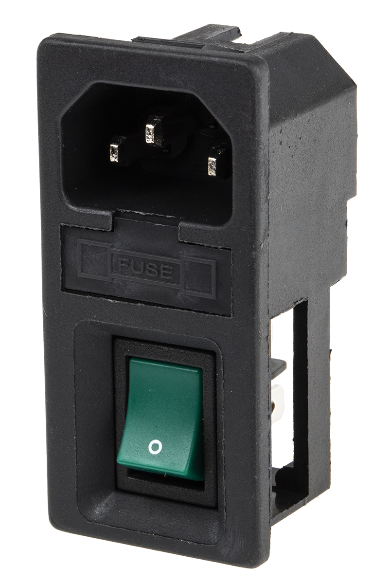 RS PRO C14 Snap-In IEC Connector Male, 6A, 250 V, Fuse Size 5 x 20mm