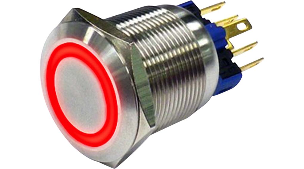 RND RND 210 Series Illuminated Vandal Proof Push Button Switch, On-(On), Panel Mount, 22mm Cutout, 1NC, 1NO, Red LED,