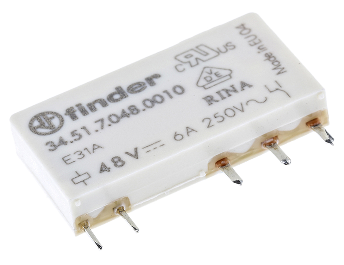 Finder PCB Mount Power Relay, 48V dc Coil, 6A Switching Current, SPDT
