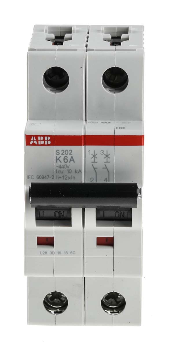 ABB System Pro M Compact S200 MCB, 2P, 6A Curve K, 400V AC, 125V DC, 6 kA Breaking Capacity