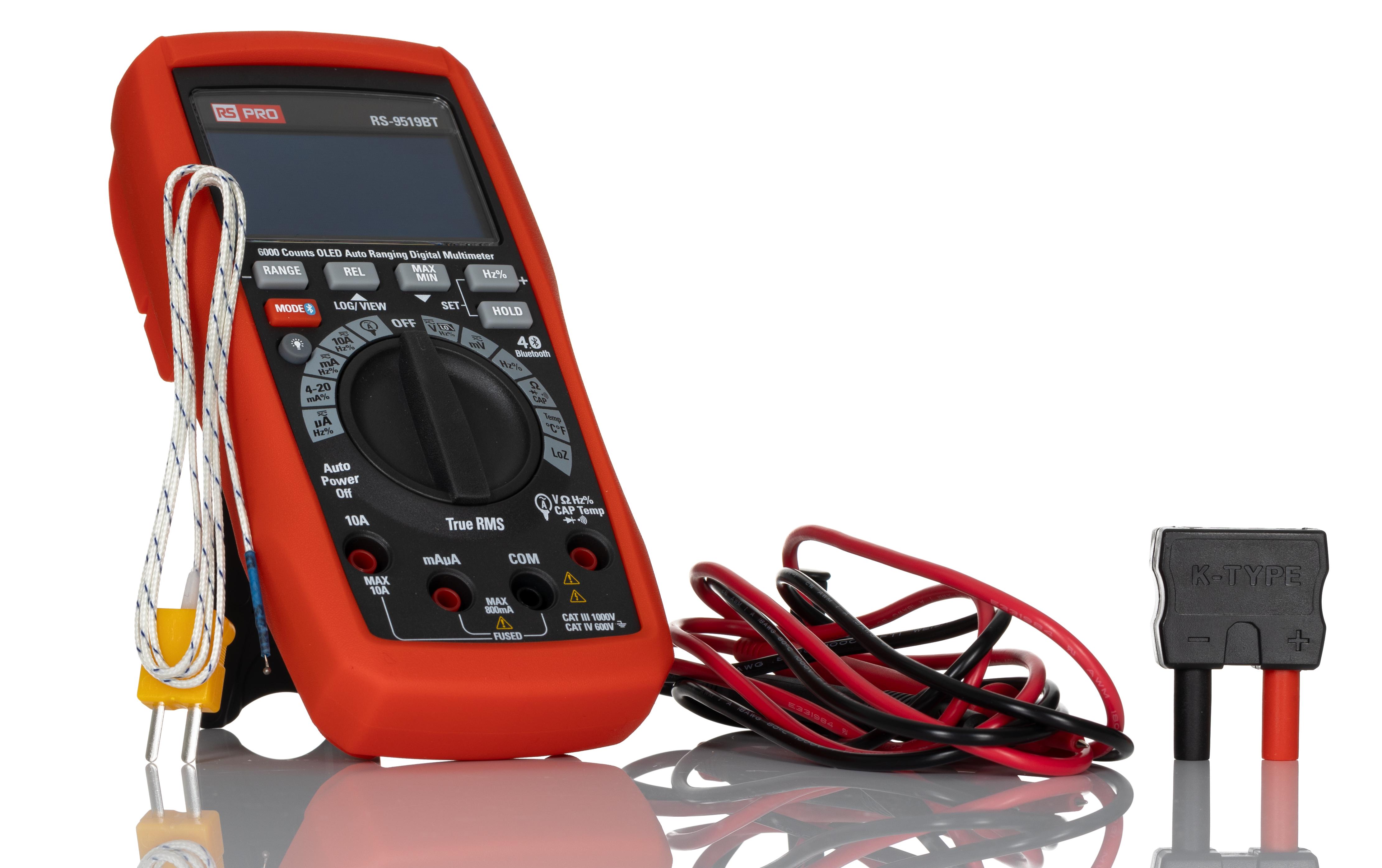 RS PRO RS-9519BT Handheld Digital Multimeter, True RMS, 10A ac Max, 10A dc Max, 1000V ac Max
