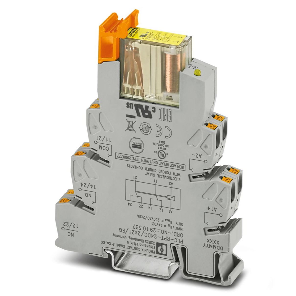 Phoenix Contact PLC-RPT Series Interface Relay, DIN Rail Mount, 24V dc Coil, DPDT, 1-Pole
