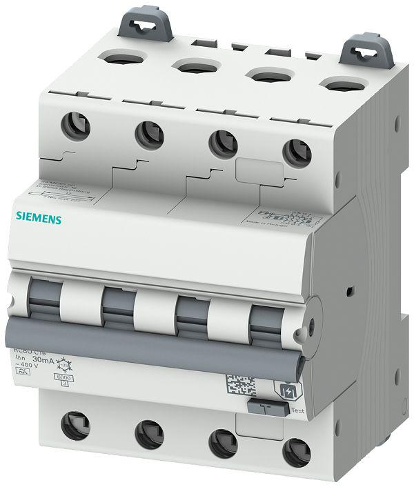 Siemens RCBO, 6A Current Rating, 4P Poles, 30mA Trip Sensitivity, Type C, Sentron Range