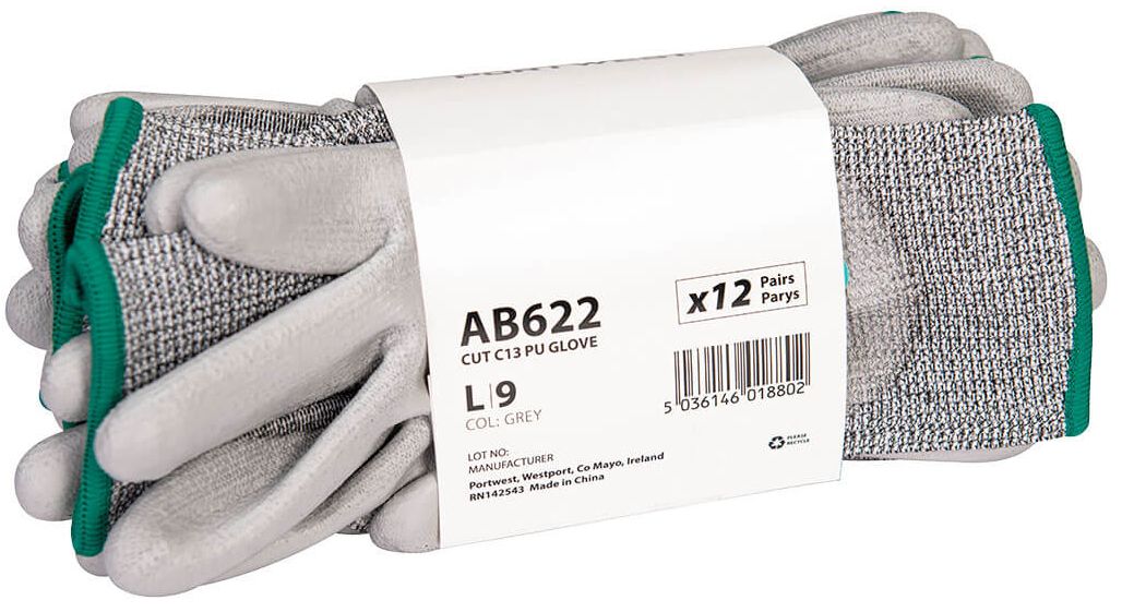 Portwest AB622 - Cut C13 PU Essential Multipack Grey Elastane, Fibreglass, High Performance Polyethylene, Polyester Work