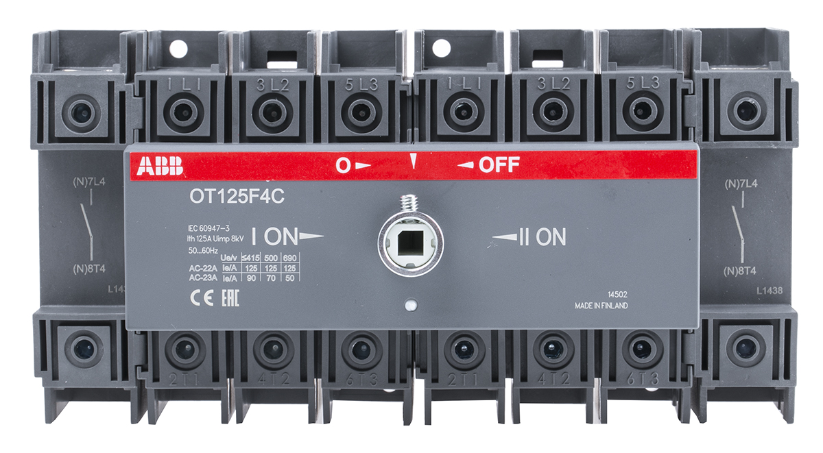 ABB 4P Pole DIN Rail Isolator Switch - 125A Maximum Current, 45kW Power Rating, IP20