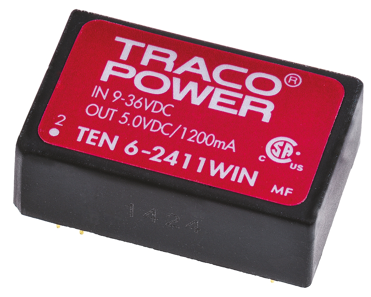 TRACOPOWER TEN 6WIN DC-DC Converter, 5V dc/ 1.2A Output, 9 → 36 V dc Input, 6W, Through Hole, +85°C Max Temp