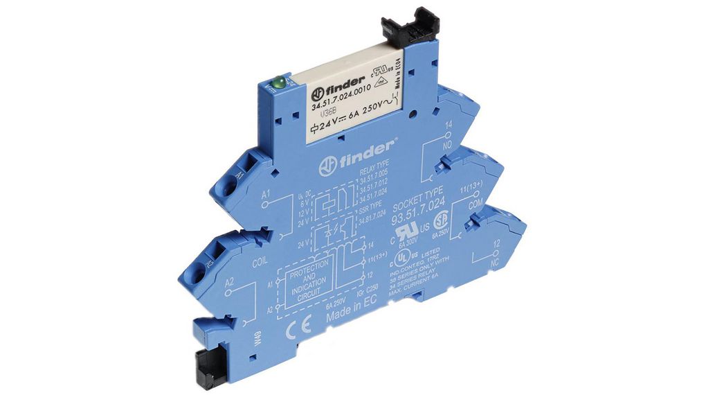 Finder 38 Series Interface Relay, DIN Rail Mount, 24V Coil, SPDT, 1-Pole, 6A Load