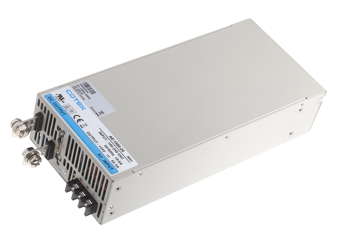COTEK Switching Power Supply, AE-1500-24, 24V dc, 62.5A, 1.5kW, 1 Output, 127 → 370 V dc, 90 → 264 V ac