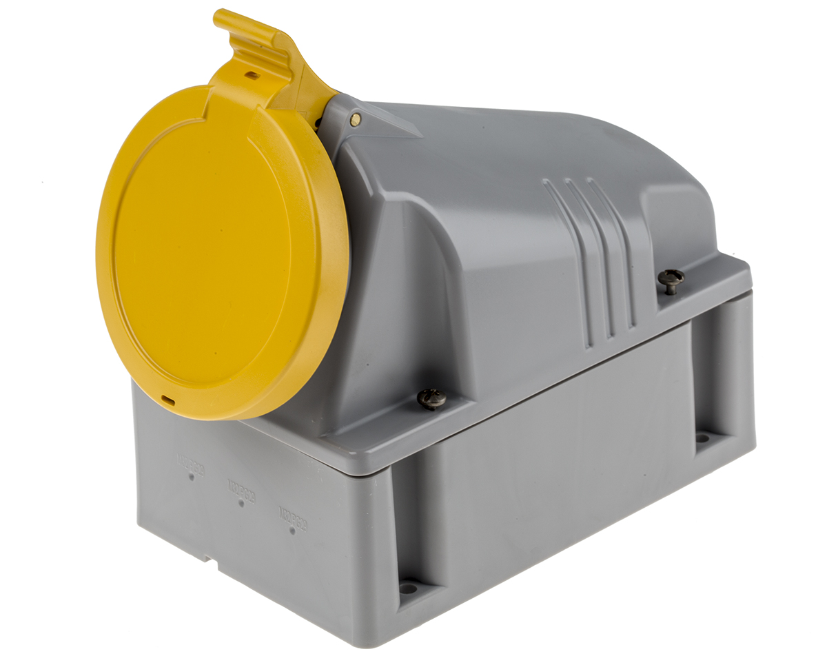 Scame IP44 Yellow Wall Mount 2P + E Industrial Power Socket, Rated At 63A, 110 V