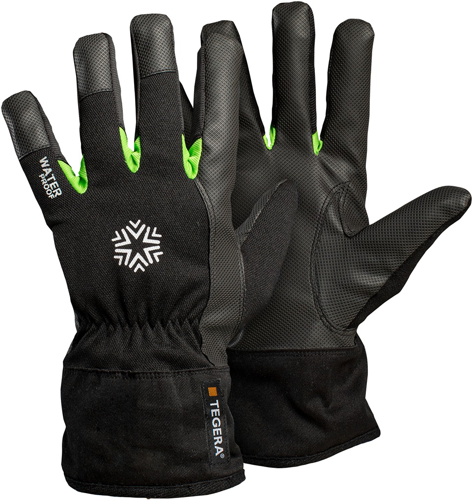 Tegera Black, Green Fleece Synthetic Leather Work Gloves, Size 9
