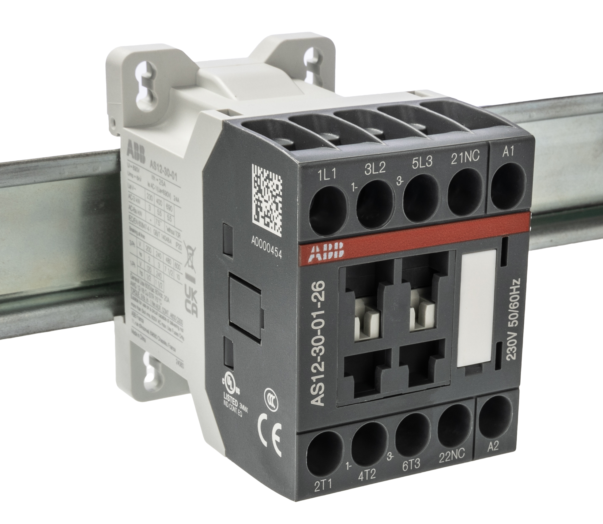 ABB AS12-30-01-26 AS Contactor, 230 V Coil, 3-Pole, 24 A, 5.5 kW, 3NO, 690 V ac