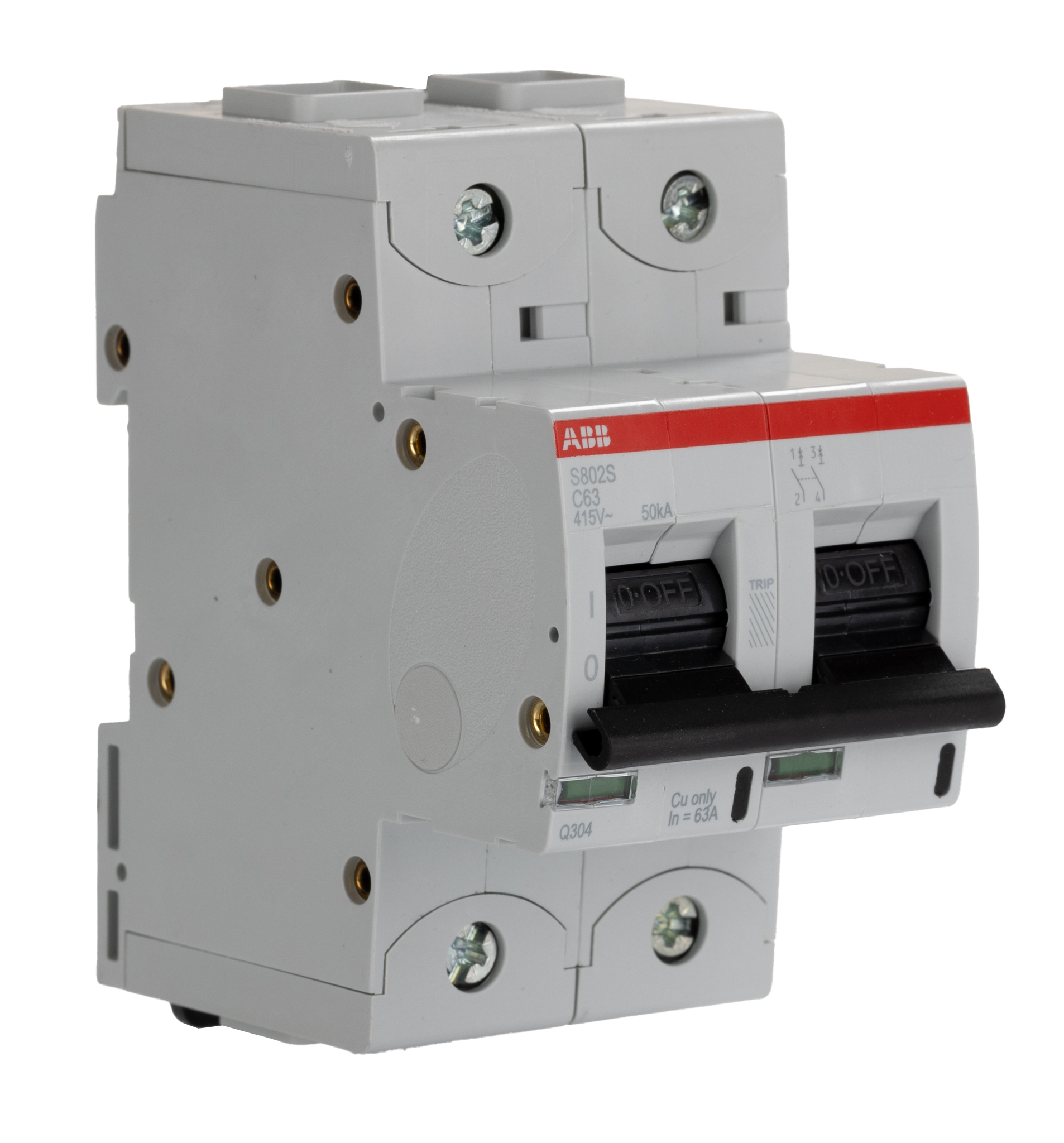 ABB High Performance S800S MCB, 2P, 63A Curve C, 400V AC, 250V DC, 50 kA Breaking Capacity