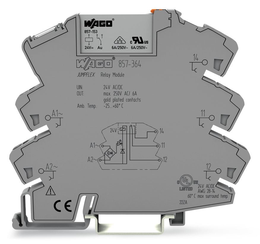 WAGO 857 Series Relay Module, DIN Rail Mount, 24V ac/dc Coil, SPDT, 1-Pole, 6A Load
