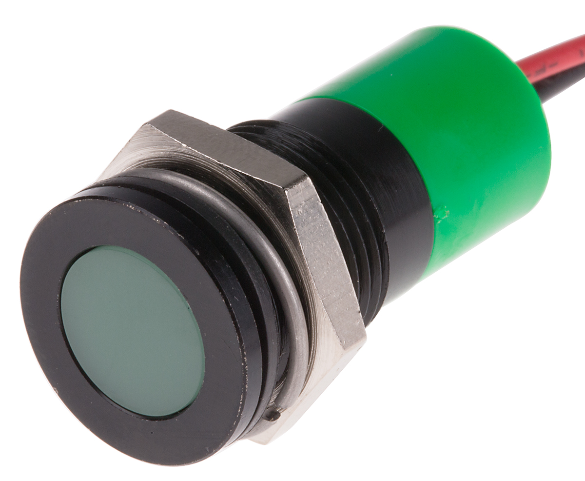 RS PRO Green Panel Mount Indicator, 6 → 36V dc, 14mm Mounting Hole Size, Lead Wires Termination, IP67