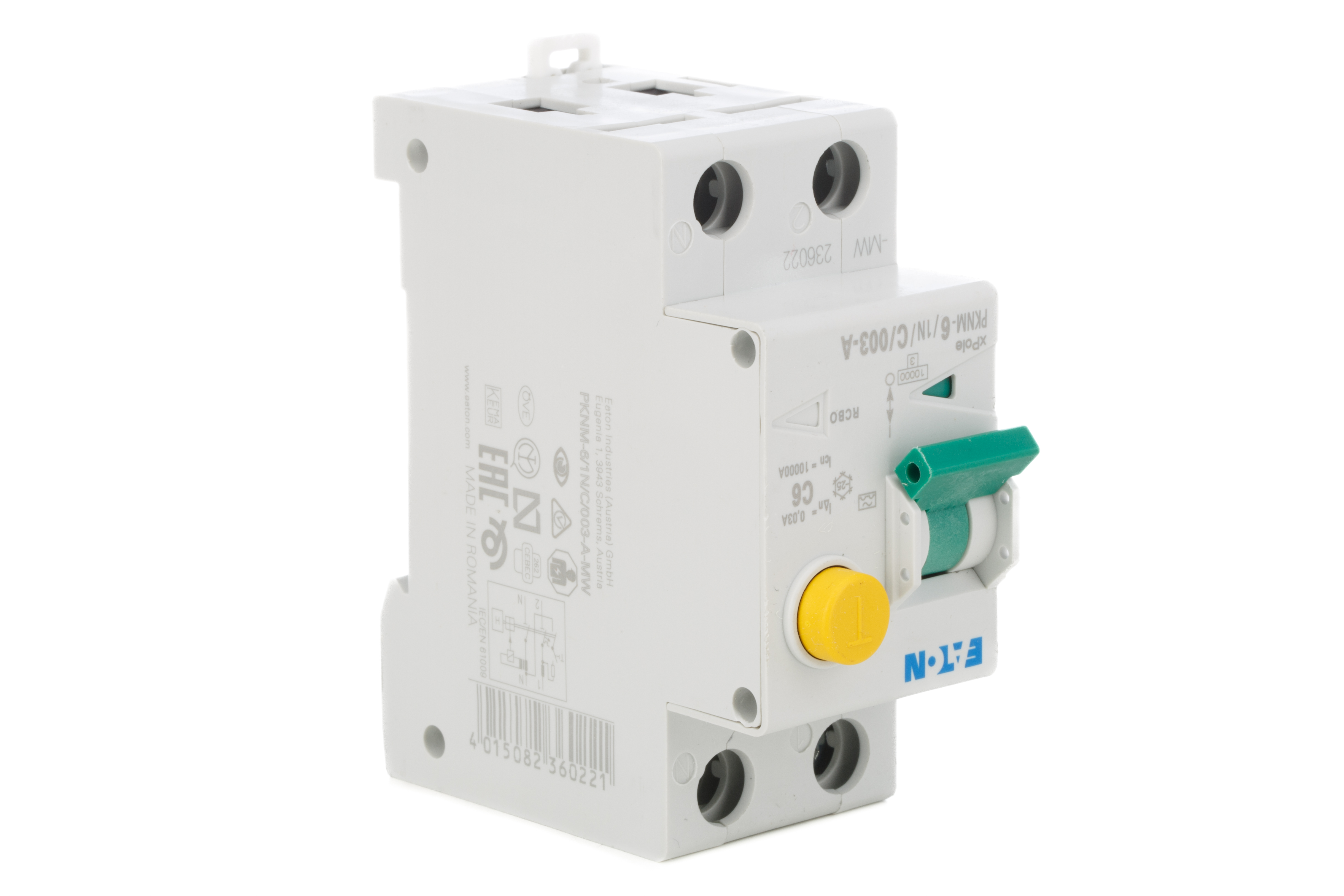 Eaton RCBO, 16A Current Rating, 1P+N Poles, 30mA Trip Sensitivity, Type C, PXK Range