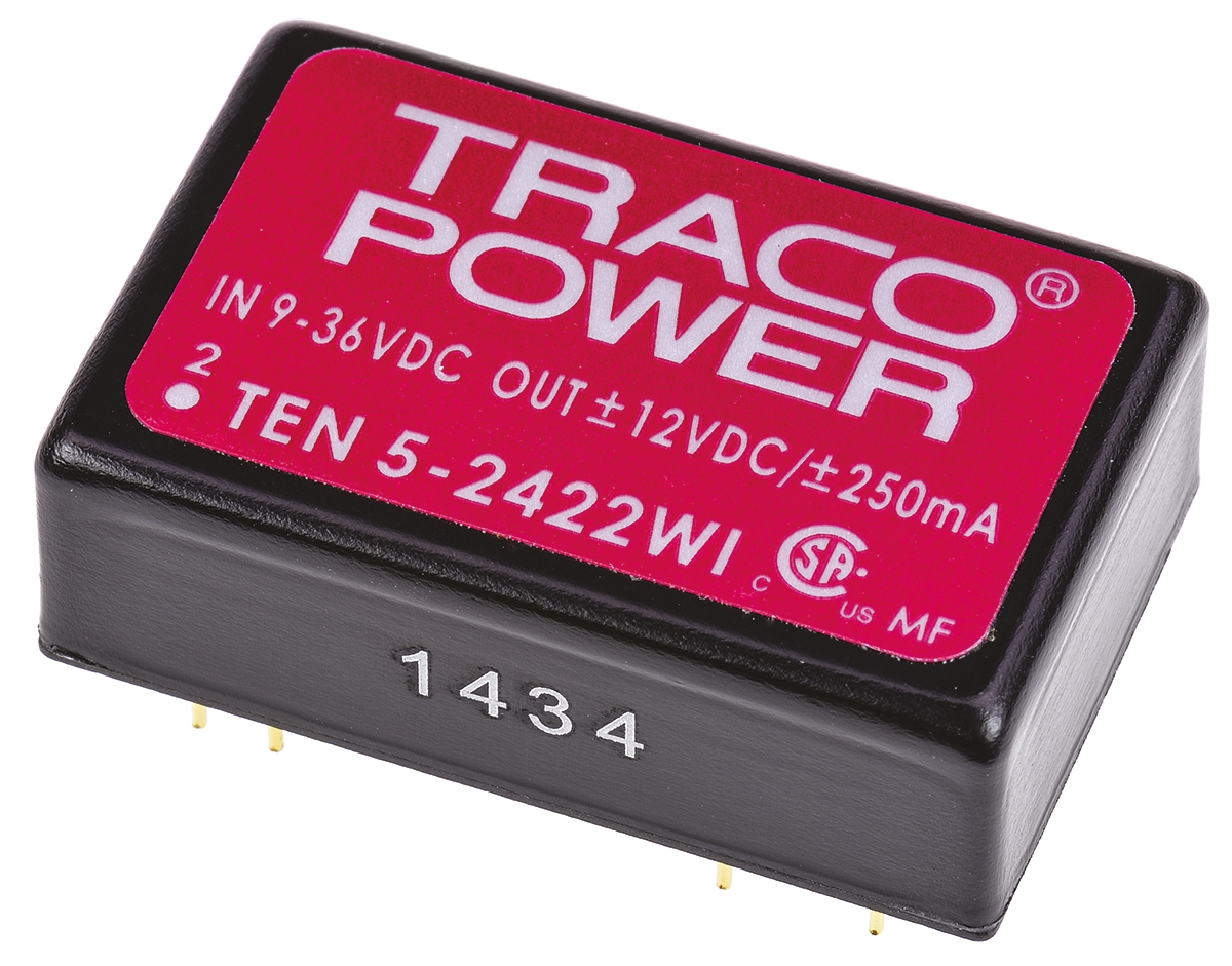 TRACOPOWER TEN 5WI DC-DC Converter, ±12V dc/ ±250mA Output, 9 → 36 V dc Input, 6W, Through Hole, +85°C Max Temp