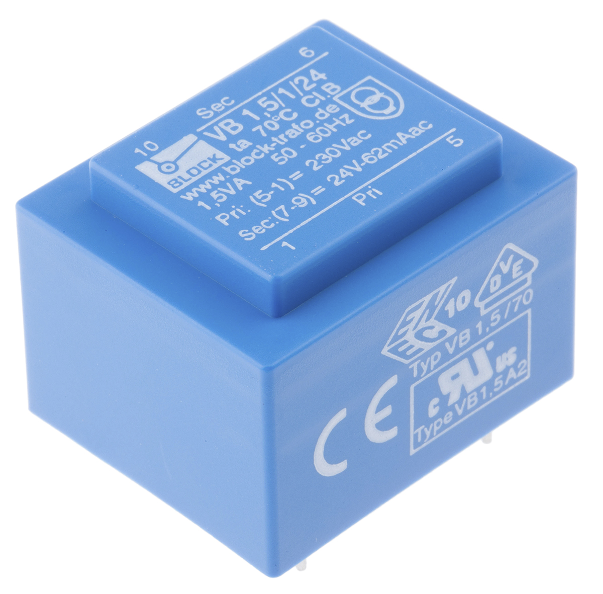 Block 24V ac 1 Output Through Hole PCB Transformer, 1.5VA