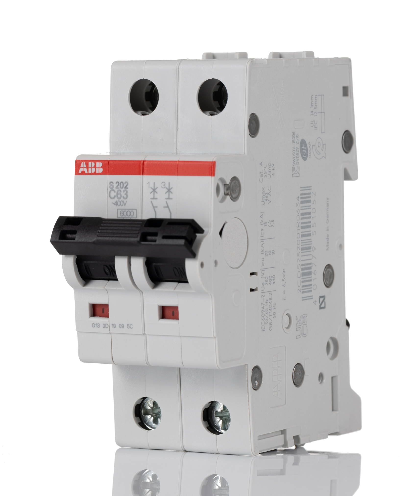 ABB System Pro M Compact S200 MCB, 2P, 63A Curve C, 440V AC, 125V DC, 6 kA Breaking Capacity