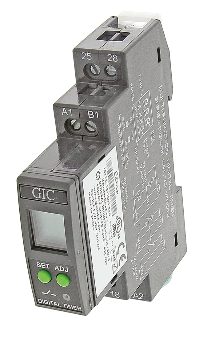 GIC DIN Rail Mount Timer Relay, 24 → 240V ac/dc, 1-Contact, 0.1 s → 999h, DPST