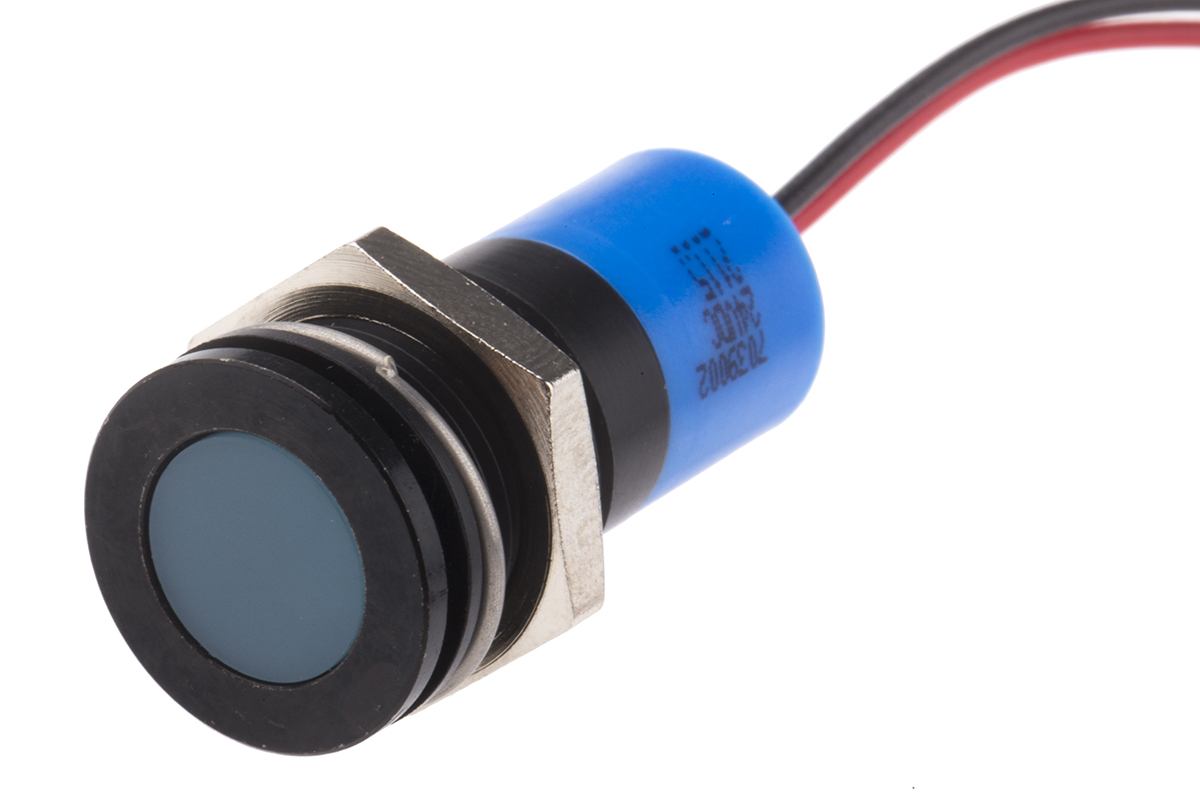 RS PRO Blue Panel Mount Indicator, 24V dc, 14mm Mounting Hole Size, Lead Wires Termination, IP67