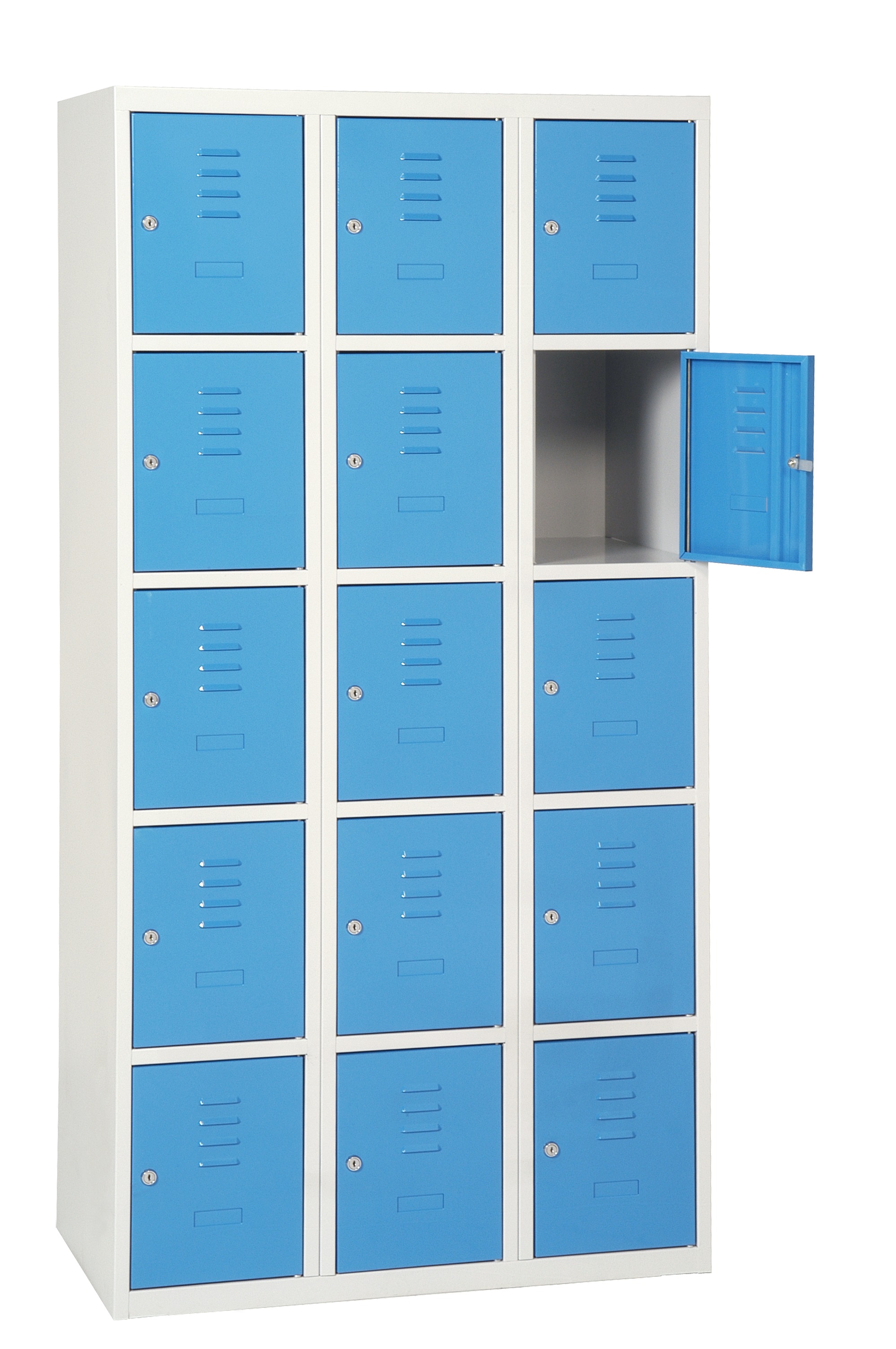 3 Door Vented Sheet Steel Blue, Light Grey Locker, 1800 mm x 1200 mm x 500mm