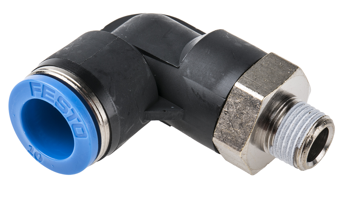 Festo QS Series Elbow Threaded Adaptor, R 1/8 Male to Push In 10 mm, Threaded-to-Tube Connection Style, 190658
