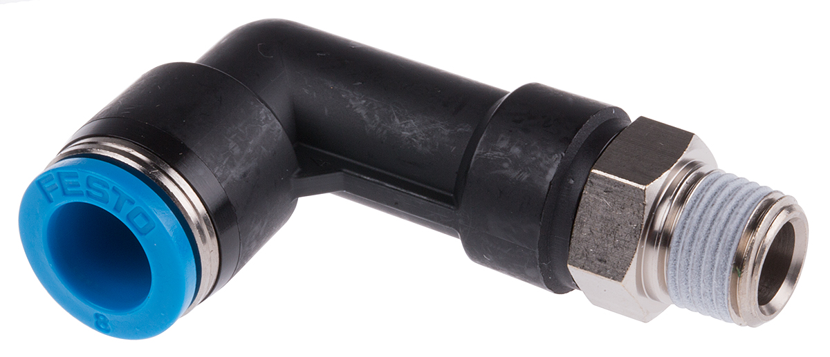 Festo QS Series Elbow Threaded Adaptor, R 1/8 Male to Push In 8 mm, Threaded-to-Tube Connection Style, 153079