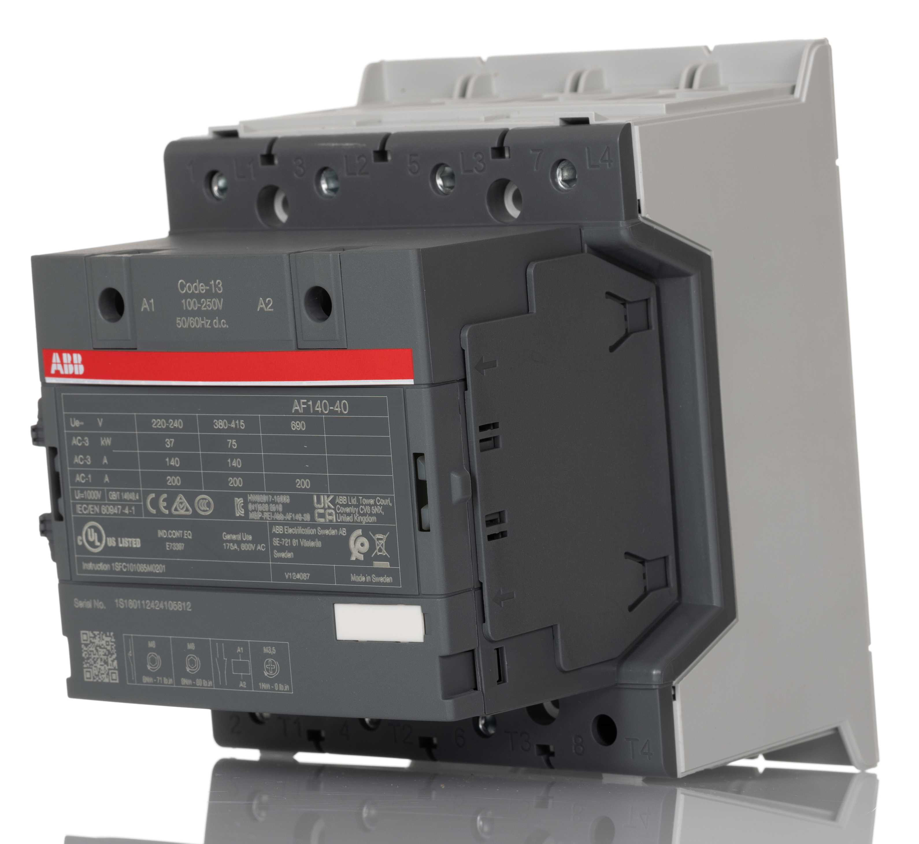 ABB AF140-40-11-13 AF Contactor, 250 V Coil, 4-Pole, 200 A, 75 kW, 4NO